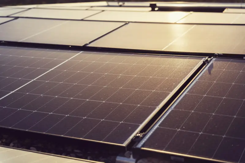 Reihen von Photovoltaikmodulen auf einem Dach im flachen Abendlicht