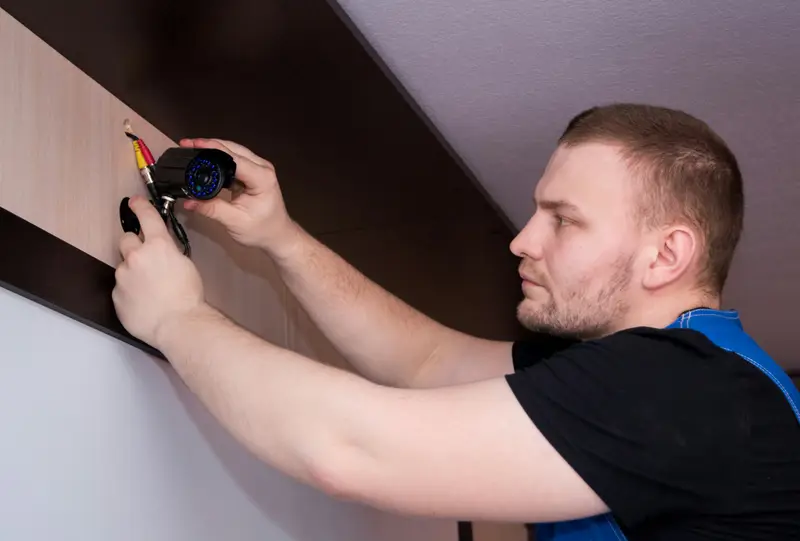 Techniker montiert eine Überwachungskamera an einer Deckenkante
